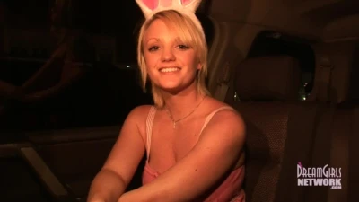 DreamGirls Members - Blonde Hottie uses Glass Dildo in the back Seat